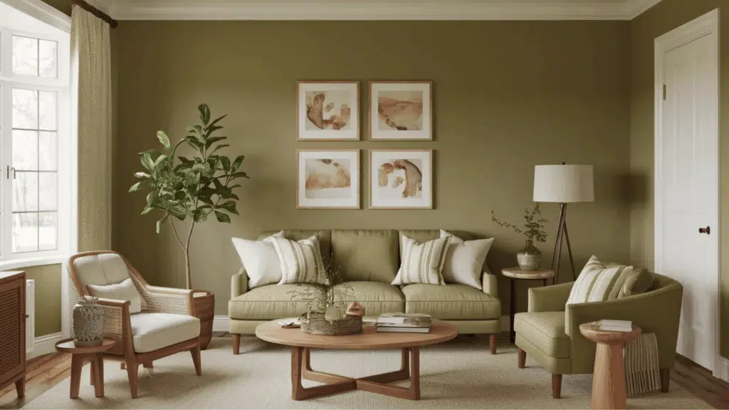 living room with natural light, window, warm neutral tones, indoor plants, and cozy seating arrangement