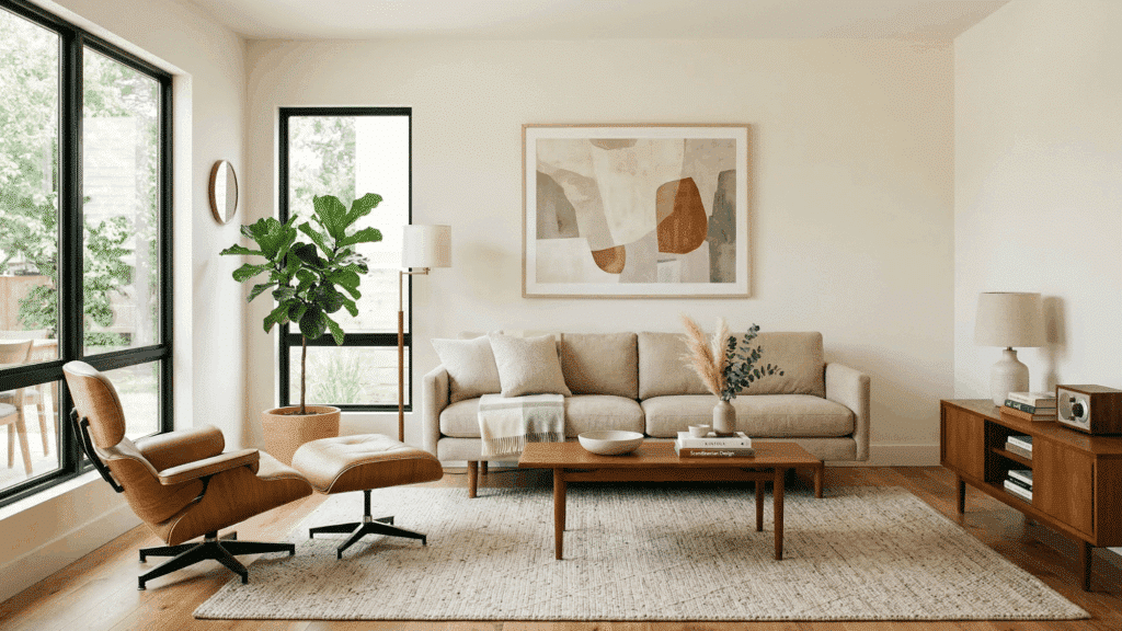 living room with neutral walls, mid century furniture, soft tones, clean and minimal setup, natural lighting