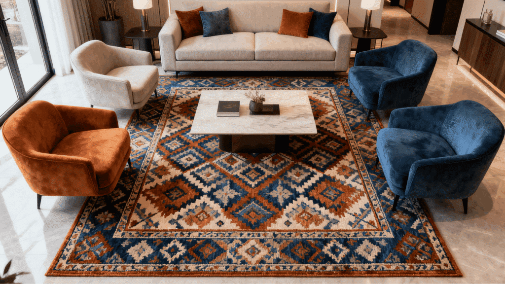 living room with patterned rug, marble coffee table, neutral sofa, blue and rust chairs, and modern lighting setup