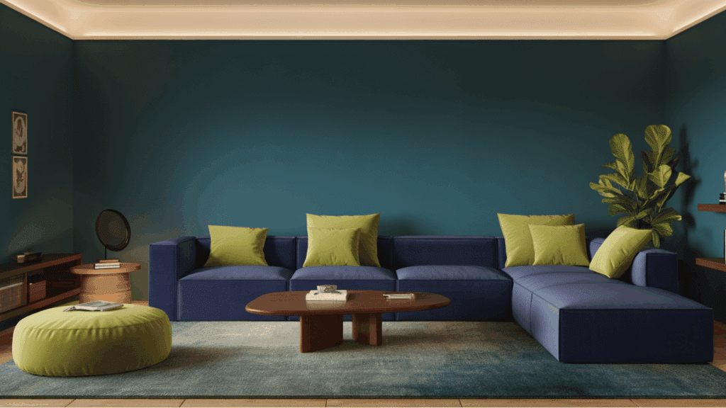 living room with teal wall and blue sofa contrasted by green pillows.