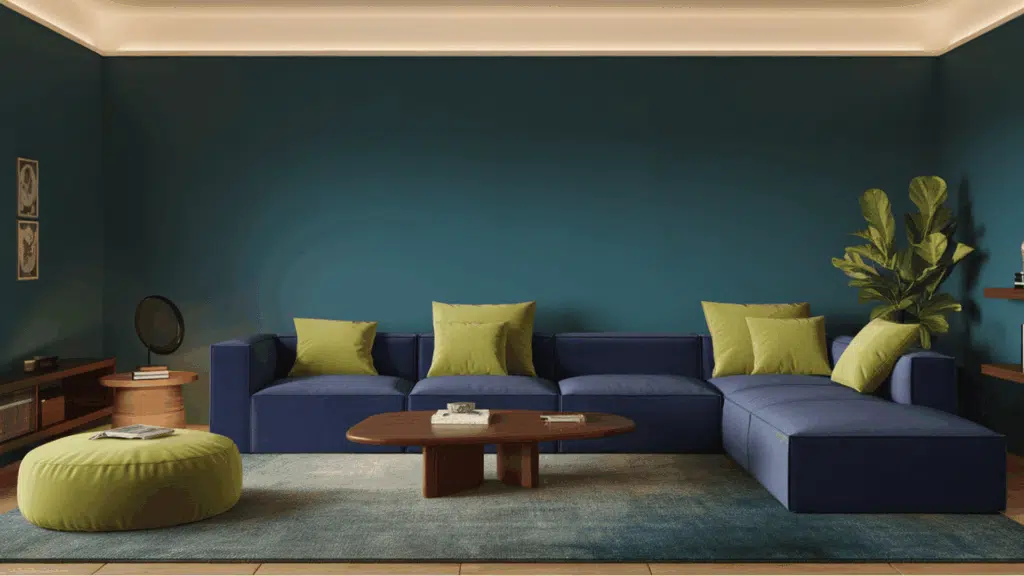 living room with teal wall and blue sofa contrasted by green pillows.