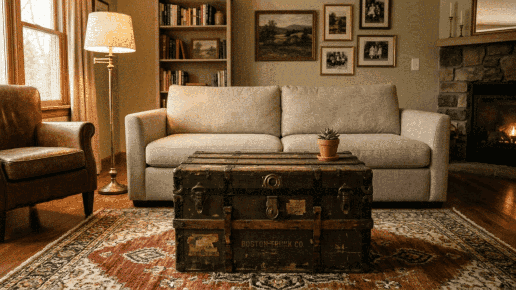 living room with vintage trunk coffee table books candles soft rug and warm tones creating a cozy and functional setup