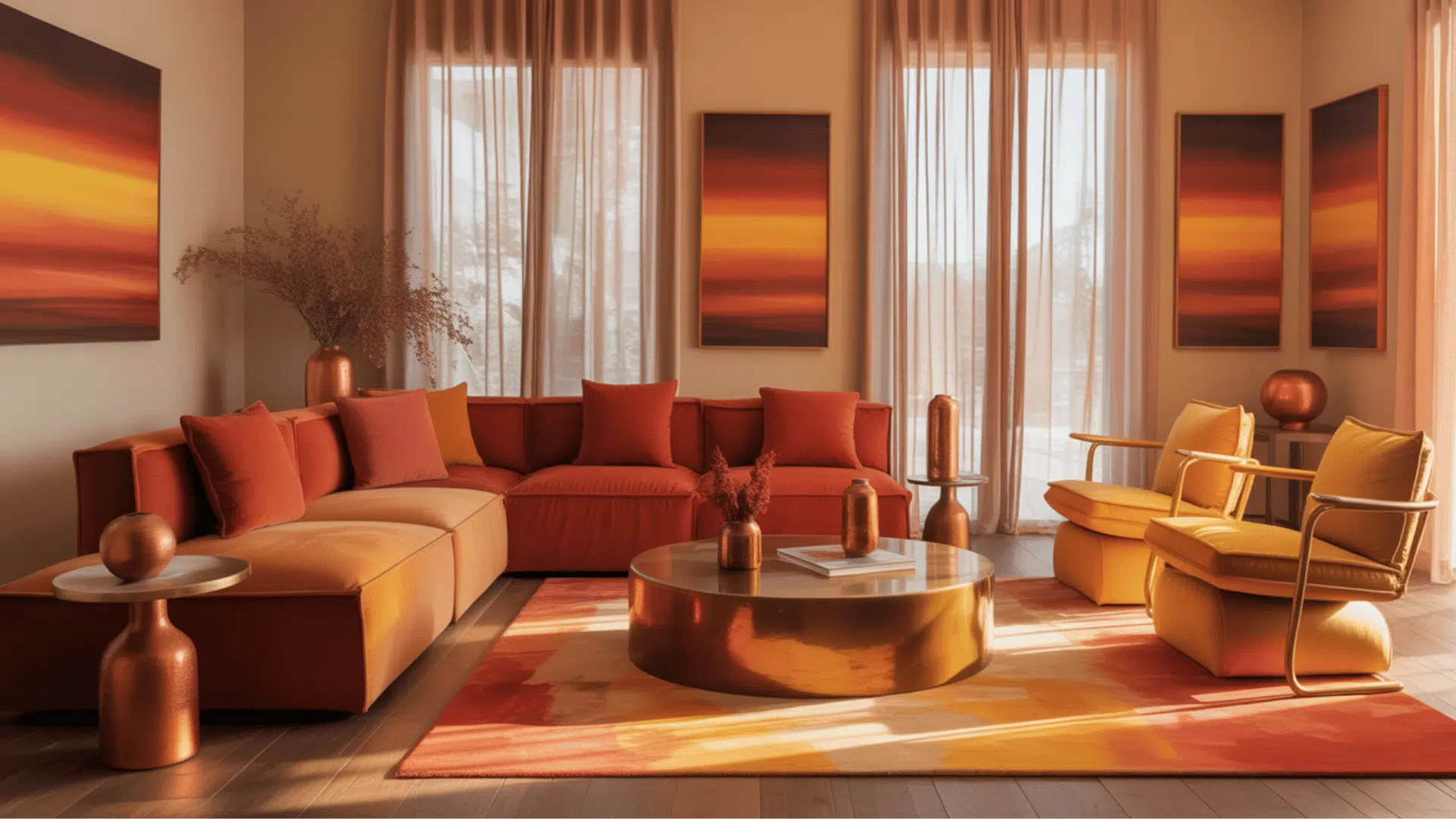 living room with warm red, orange, and yellow tones creating an analogous color scheme