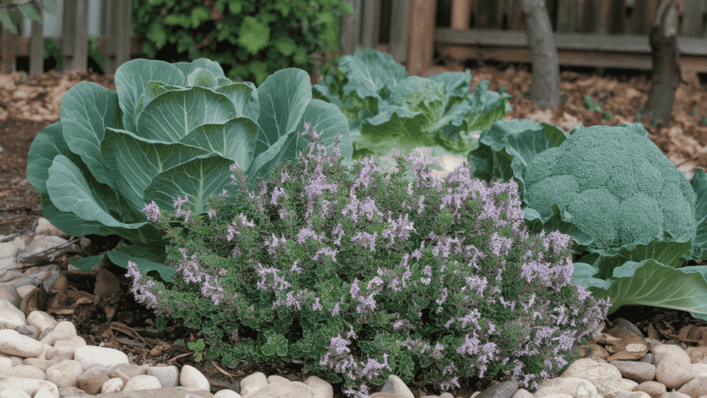 low growing thyme plant spreading near cabbage and broccoli crops in a garden bed helping repel cabbage worms and whiteflies