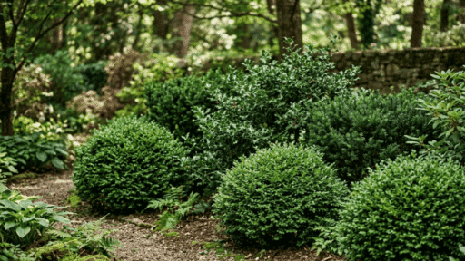 low maintenance evergreen shrubs in a shaded garden with dense green foliage and a natural woodland setting