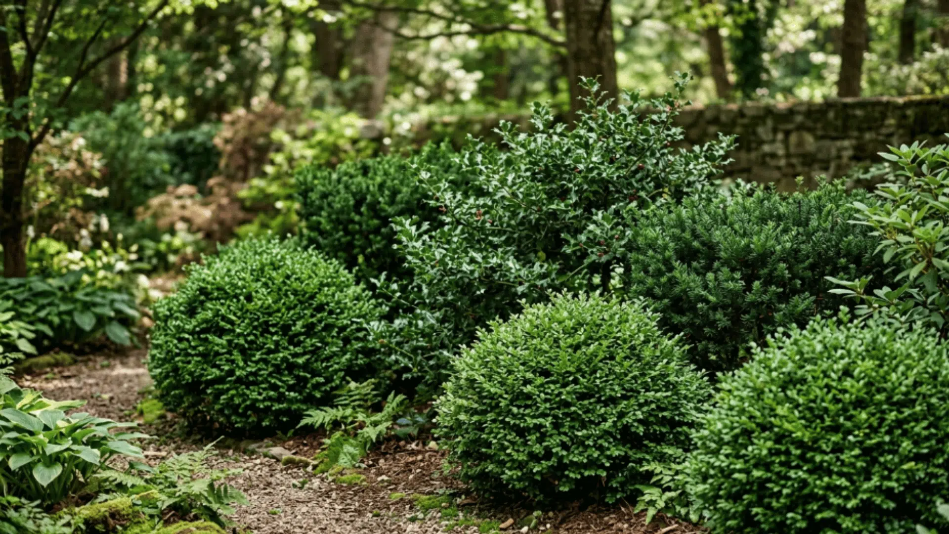 low maintenance evergreen shrubs in a shaded garden with dense green foliage and a natural woodland setting