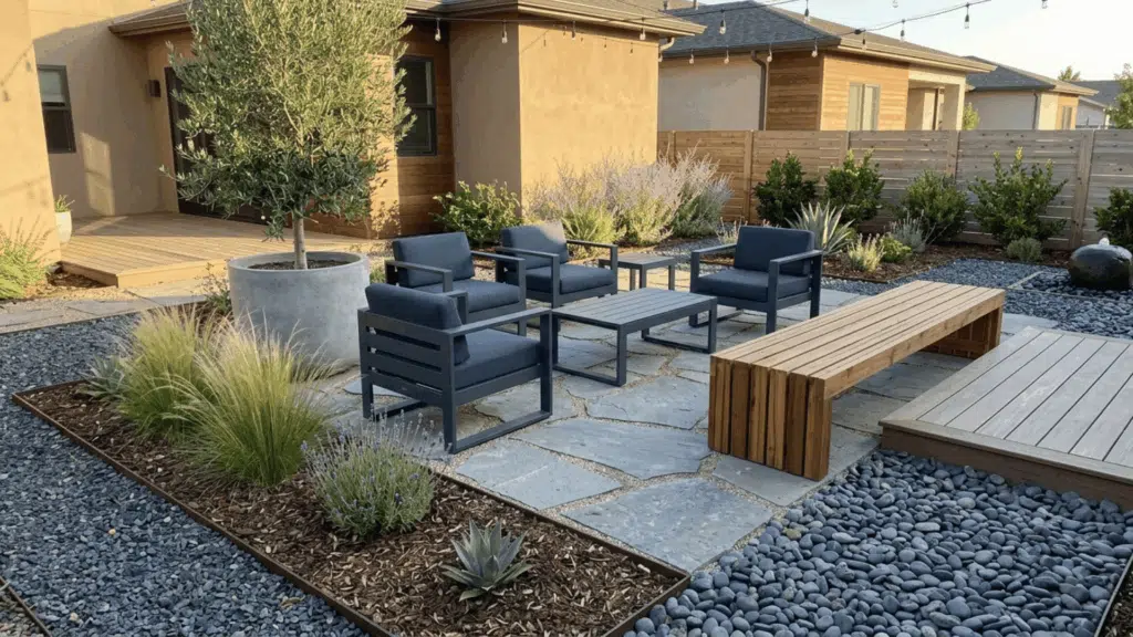low-maintenance outdoor seating area with gravel, stone patio, and modern furniture setup.