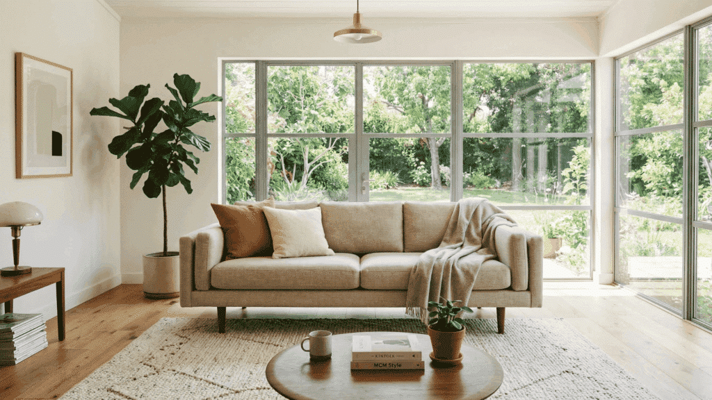 low-profile mid century modern sofa in neutral fabric, airy living room, simple rug, clean lines, large windows, cozy and uncluttered space