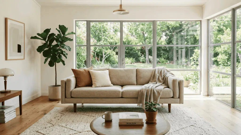 low-profile mid century modern sofa in neutral fabric, airy living room, simple rug, clean lines, large windows, cozy and uncluttered space