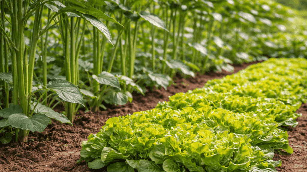 lush green lettuce plants growing alongside tall okra in a garden bed