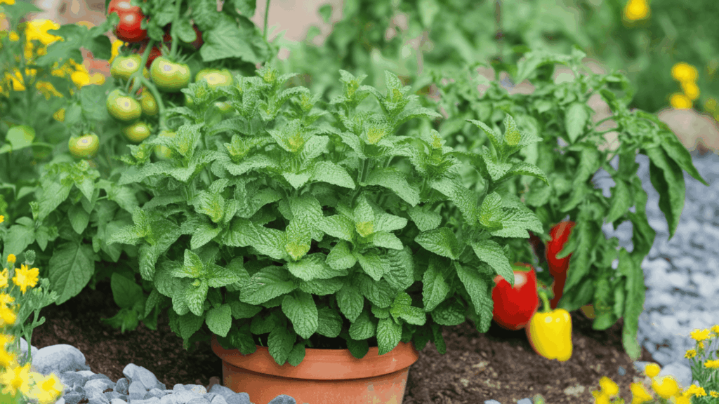 lush green mint plant in a terracotta pot placed beside tomato and pepper plants in a vegetable garden bed helping repel aphids and flea beetles
