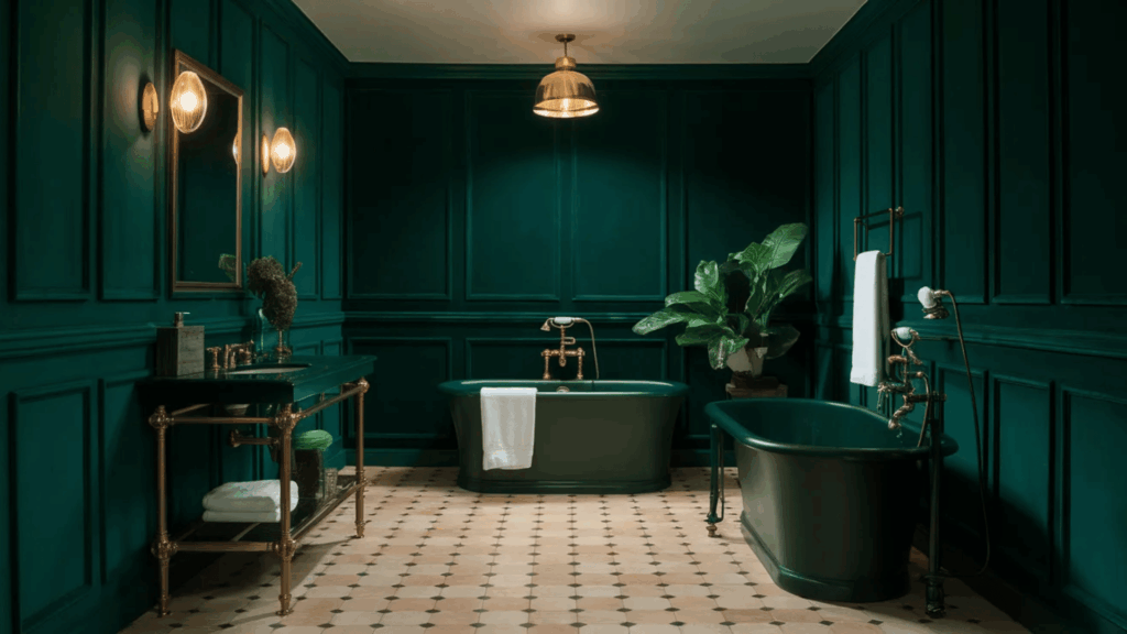 luxurious dark green bathroom with paneled walls, freestanding green bathtub, brass fixtures, patterned tile flooring, warm wall sconces, and a leafy plant for a dramatic, vintage inspired look