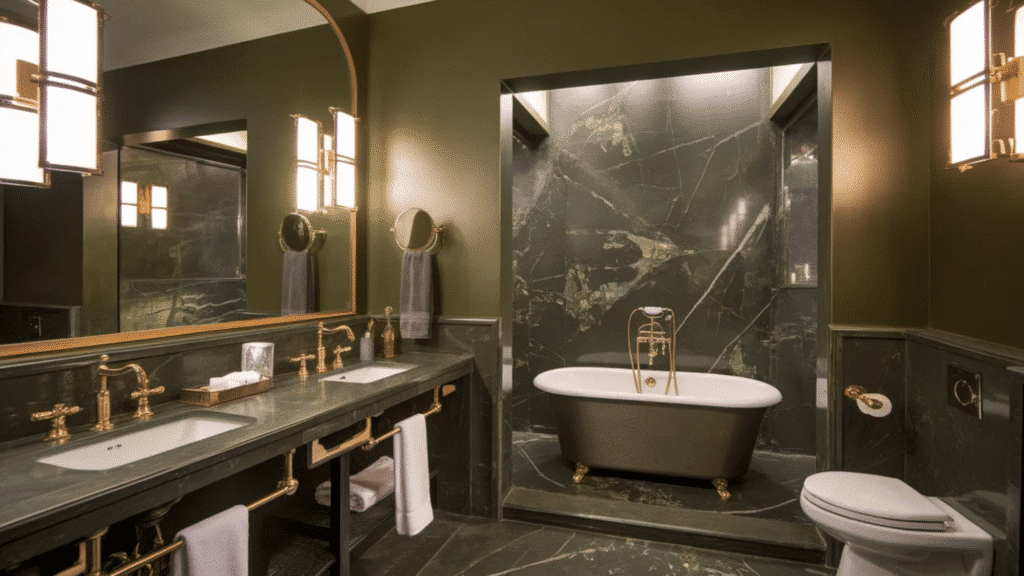 luxurious dark green marble bathroom with a freestanding tub, double vanity with brass fixtures, large mirror, and warm wall sconces