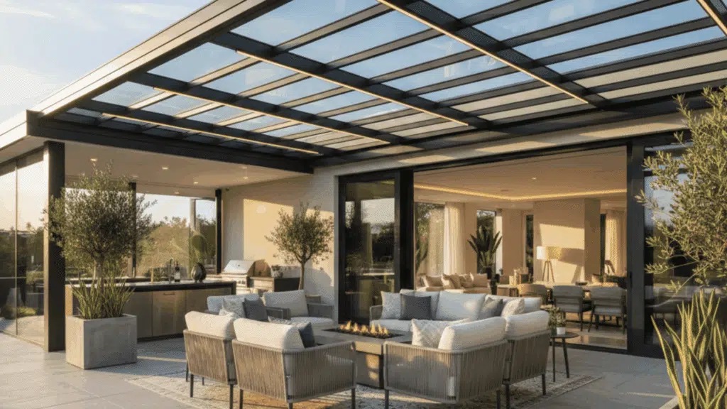 luxurious patio with a retractable glass roof, offering flexible coverage to enjoy the sky or stay sheltered.