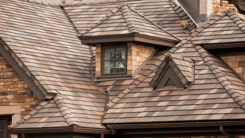 luxury architectural asphalt shingles in multi-tone brown on a steep residential roof with dormer window and stone exterior walls
