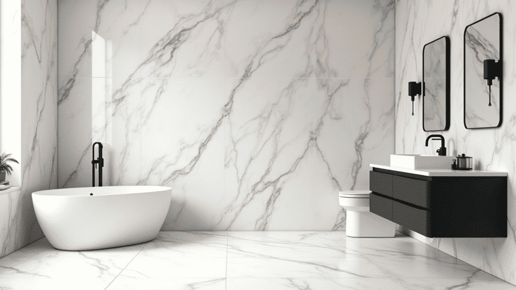 luxury bathroom with floor-to-ceiling book-matched Calacatta marble, white soaking tub and matte black fixtures