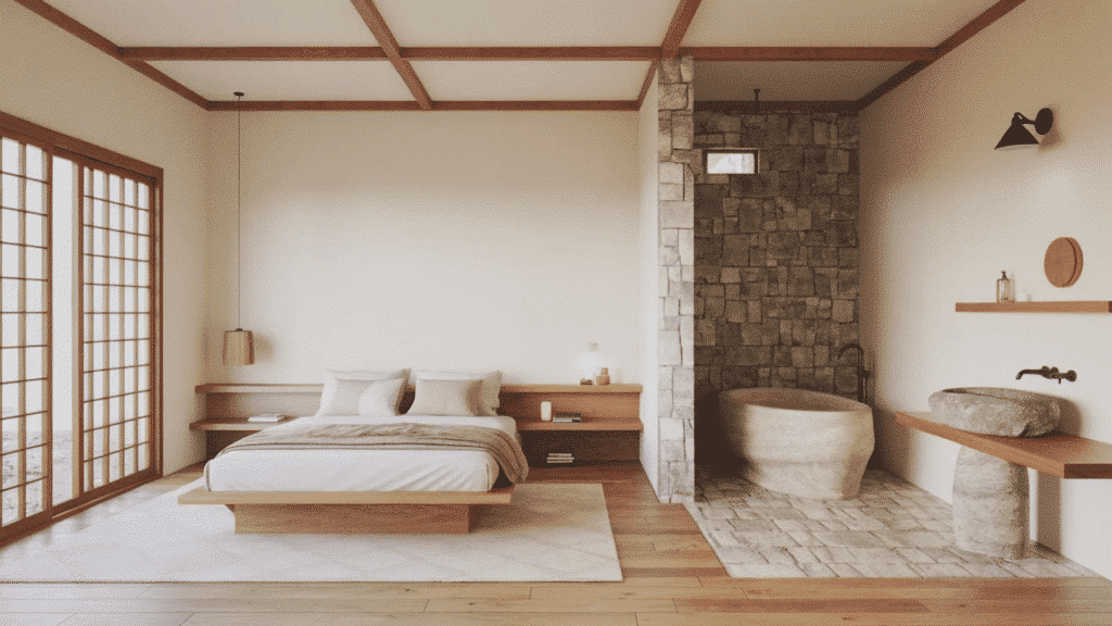 luxury bedroom with a large brown tufted leather headboard, white bedding, matching nightstands, and table lamps (1)