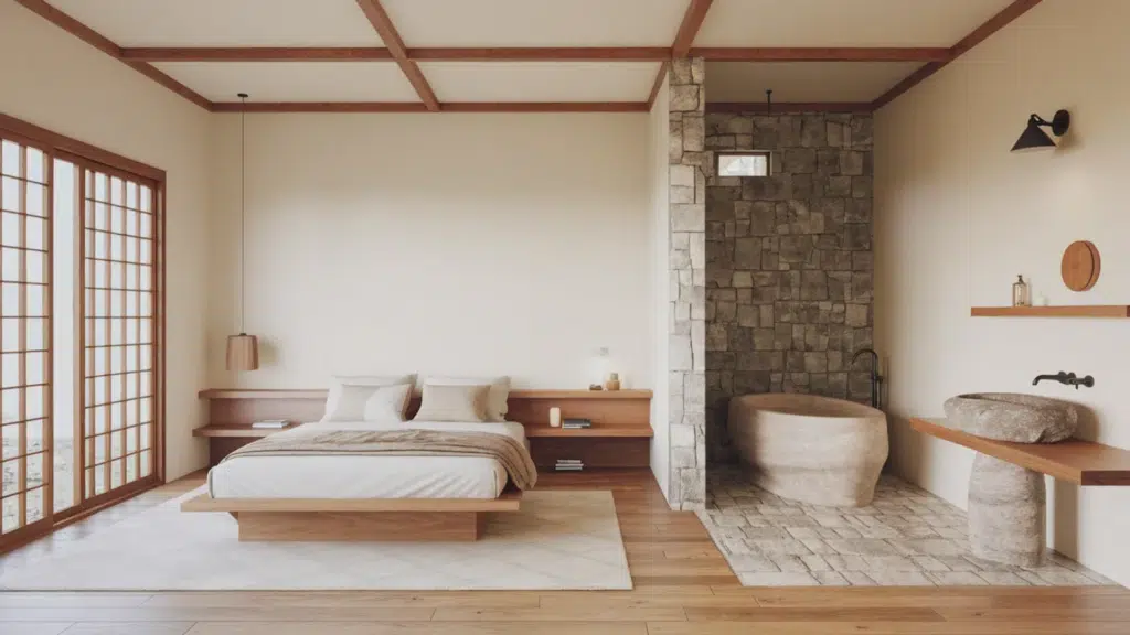 luxury bedroom with a large brown tufted leather headboard, white bedding, matching nightstands, and table lamps (1)