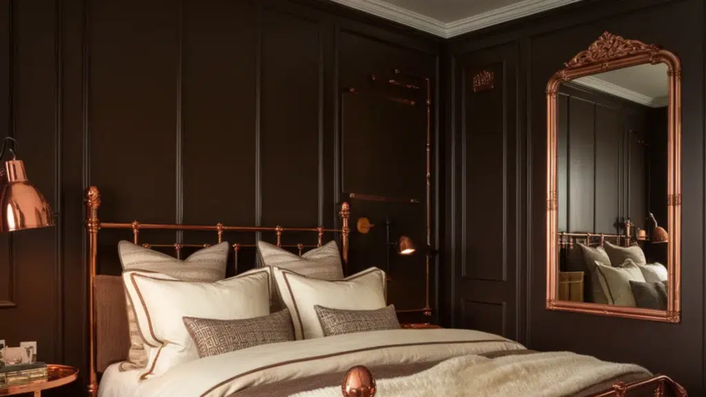 luxury bedroom with dark paneled walls, a copper metal bed frame, plush bedding, and a matching ornate mirror