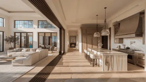 luxury home renovation showcasing open plan living space with marble island floor to ceiling windows and custom cabinetry