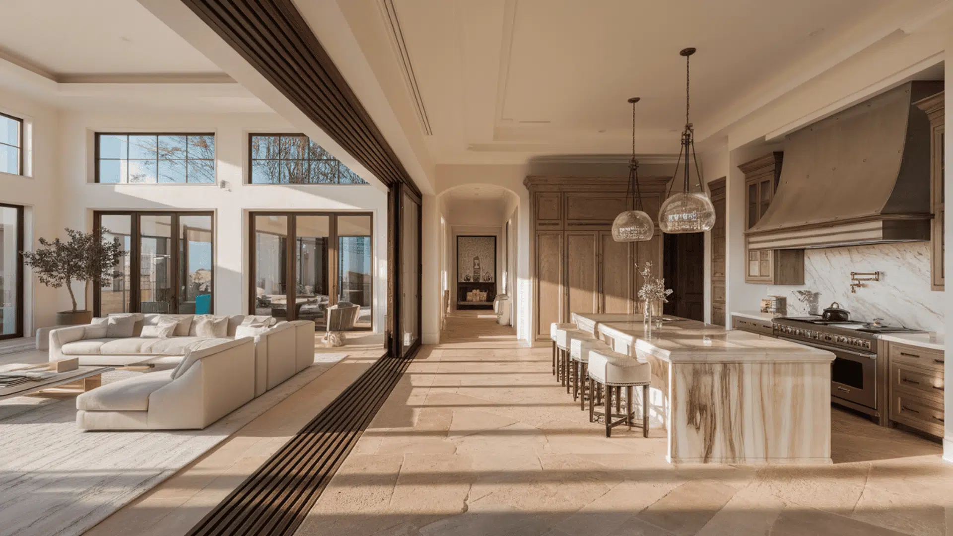 luxury home renovation showcasing open plan living space with marble island floor to ceiling windows and custom cabinetry