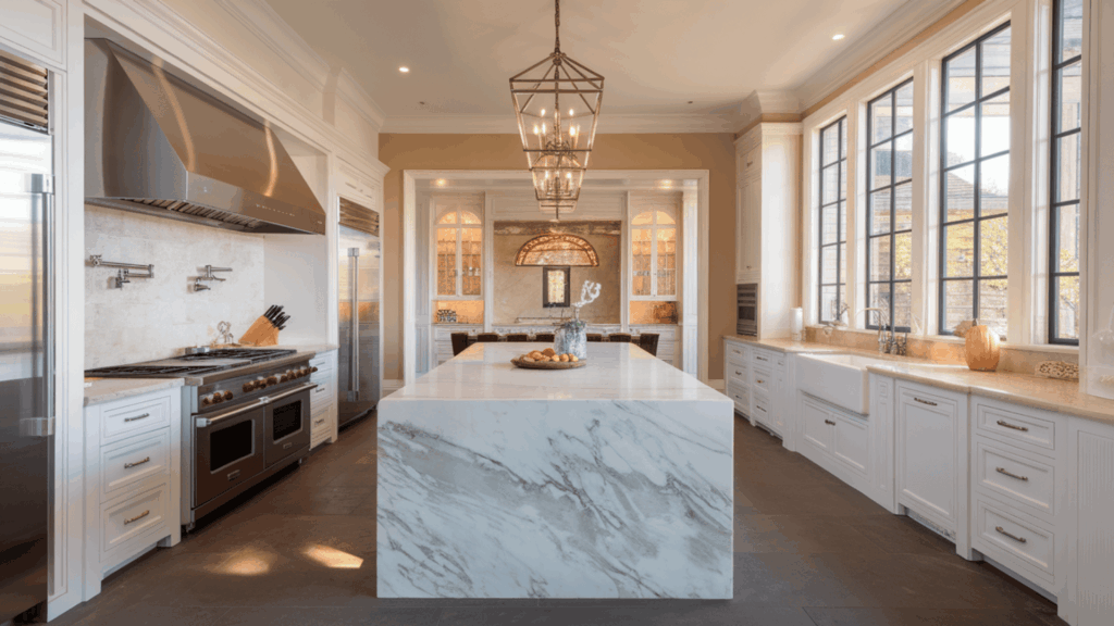 luxury kitchen remodel with marble waterfall island custom white cabinetry professional grade range and chandelier lighting