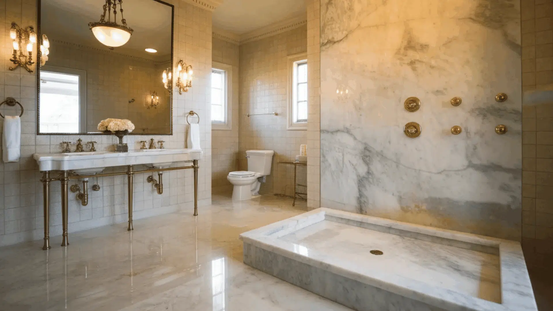 luxury marble bathroom with walk-in shower, gold fixtures, large mirror, and classic vanity
