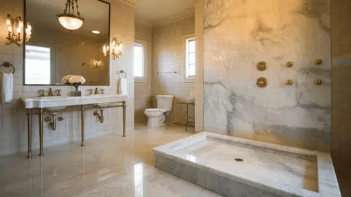 luxury marble bathroom with walk-in shower, gold fixtures, large mirror, and classic vanity