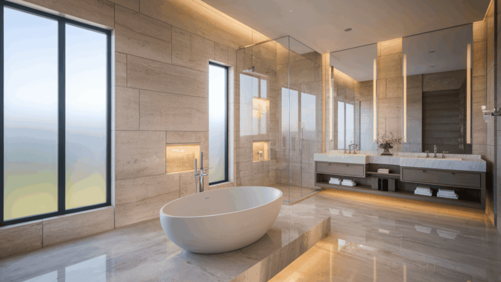 luxury master bathroom renovation with freestanding soaking tub natural stone walls glass shower and custom floating vanity