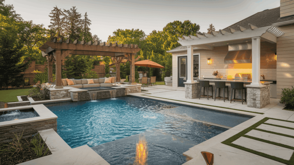 luxury outdoor living space renovation with custom pool water features pergola built-in kitchen and premium hardscaping