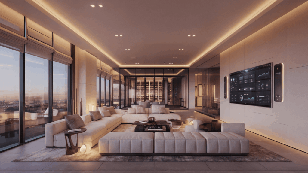 luxury smart home integration featuring automated lighting control panel modern living room wine cellar and city view