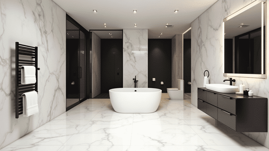 luxury spa bathroom with white Calacatta marble floor, white oval soaking tub and matte black heated towel rail