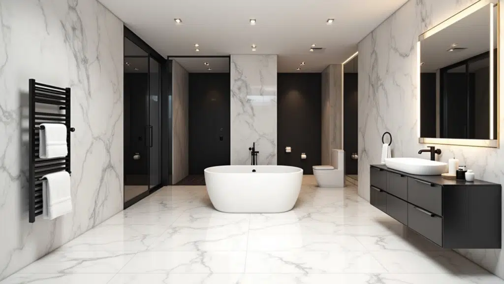 luxury spa bathroom with white Calacatta marble floor, white oval soaking tub and matte black heated towel rail