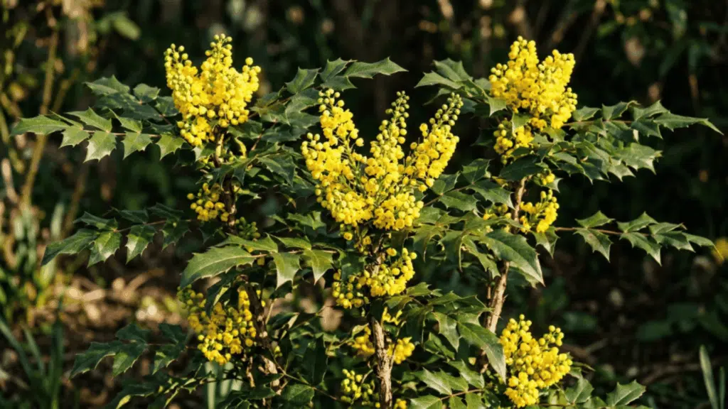 mahonia close view with spiky green leaves and yellow flower spikes in dramatic light plant fully visible not cut from above with strong texture