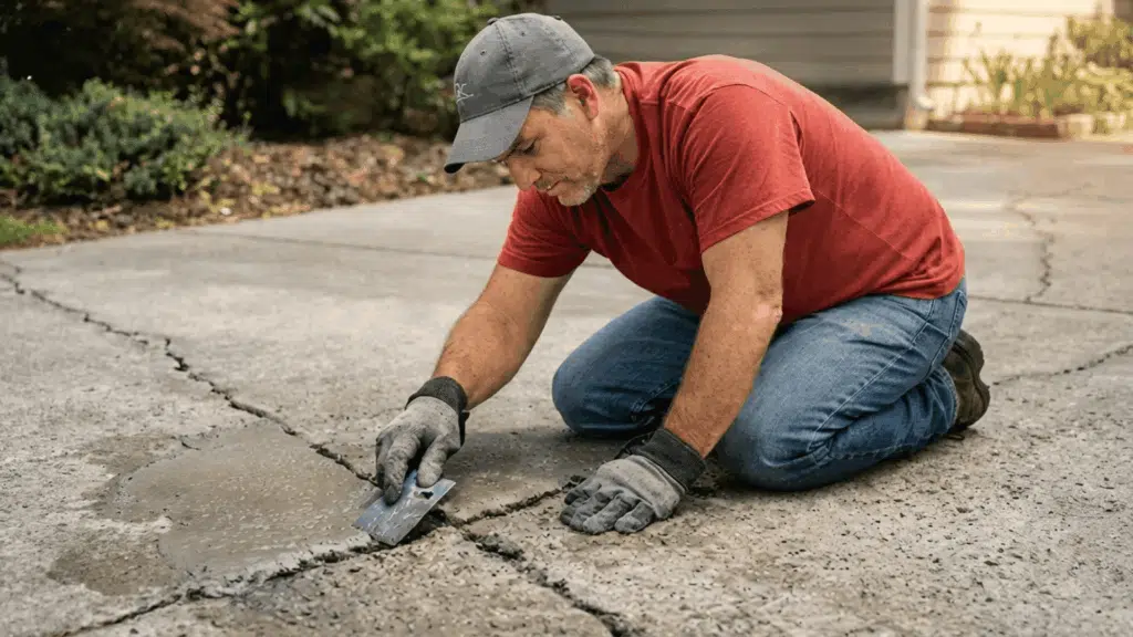 man in a red shirt and grey cap is repairing a cracked driveway