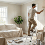 man on a step ladder painting a beige wall in a covered living room, with paint cans on the floor and a clipboard showing a dollar sign nearby