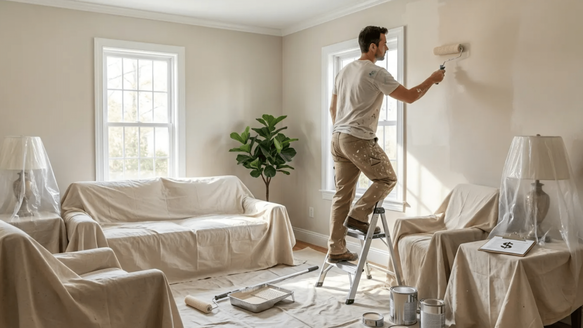 man on a step ladder painting a beige wall in a covered living room, with paint cans on the floor and a clipboard showing a dollar sign nearby