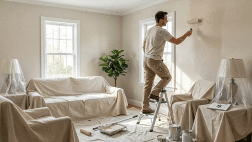 man on a step ladder painting a beige wall in a covered living room, with paint cans on the floor and a clipboard showing a dollar sign nearby