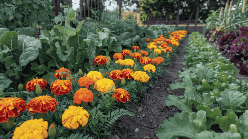 marigold flowers planted alongside vegetable crops in a garden bed as a natural companion planting pest control method