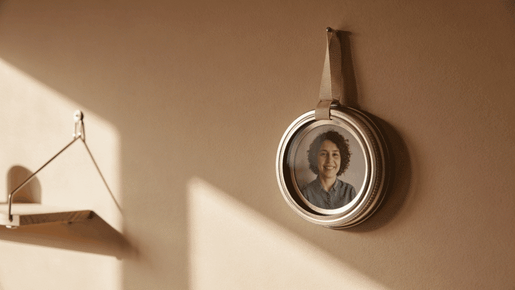 mason jar lid photo frame with ribbon hanger mounted on warm beige wall