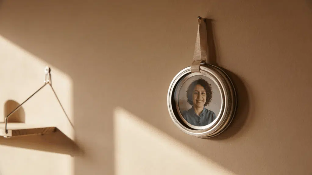 mason jar lid photo frame with ribbon hanger mounted on warm beige wall