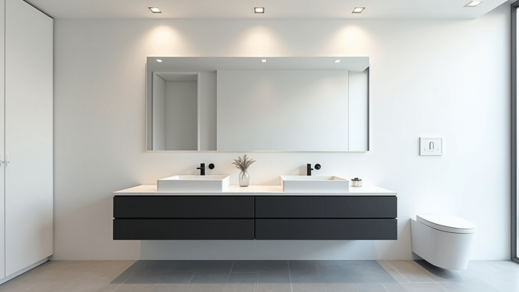 master bathroom with wide matte black double vanity, white quartz countertop and full-width horizontal mirror above