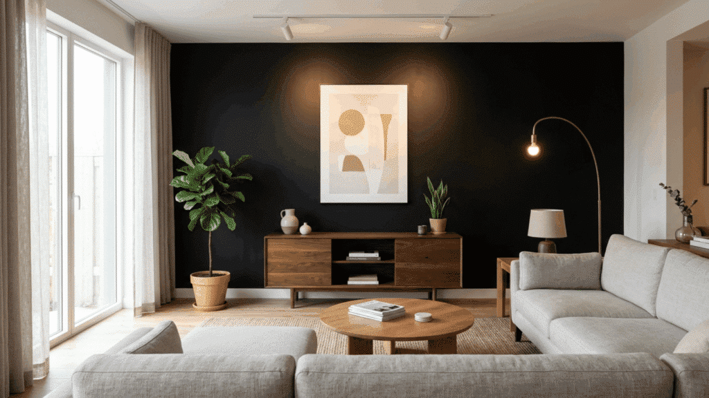 matte black accent wall with wood console, modern decor, and indoor plant.