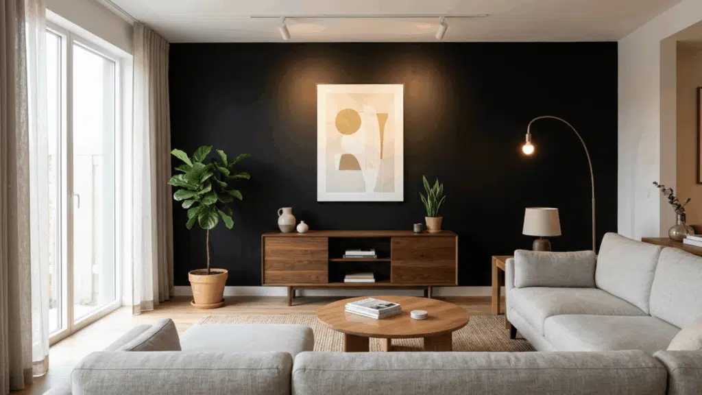 matte black accent wall with wood console, modern decor, and indoor plant.