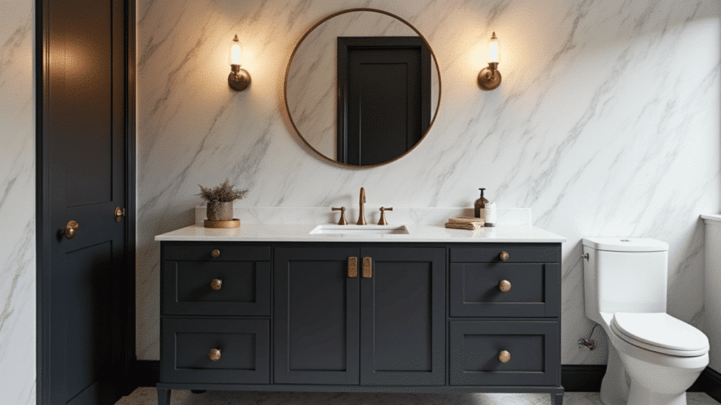 matte black vanity with brushed brass faucet, white marble countertop and oval brass framed mirror above