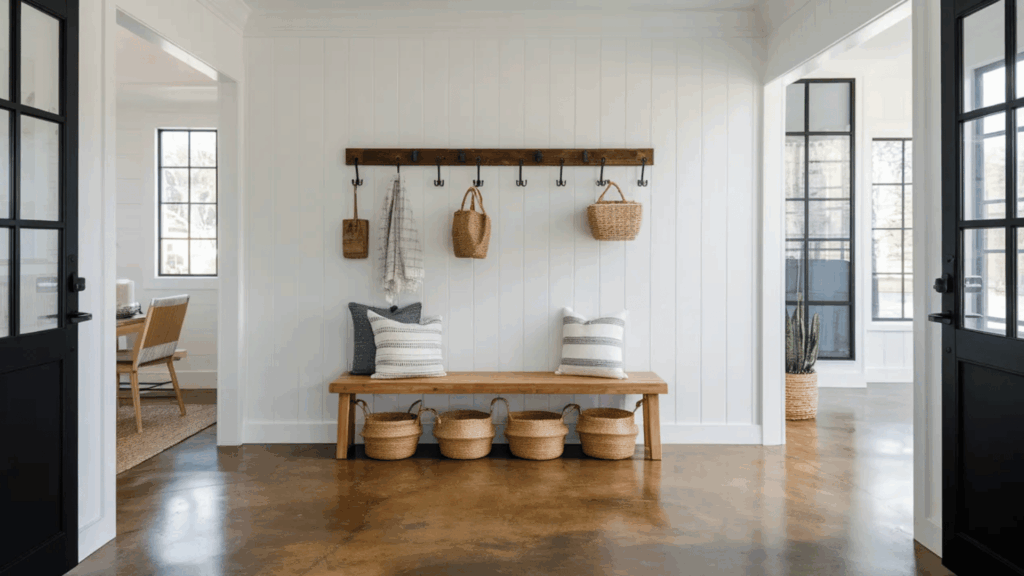 matte farmhouse stained concrete floors in entryway