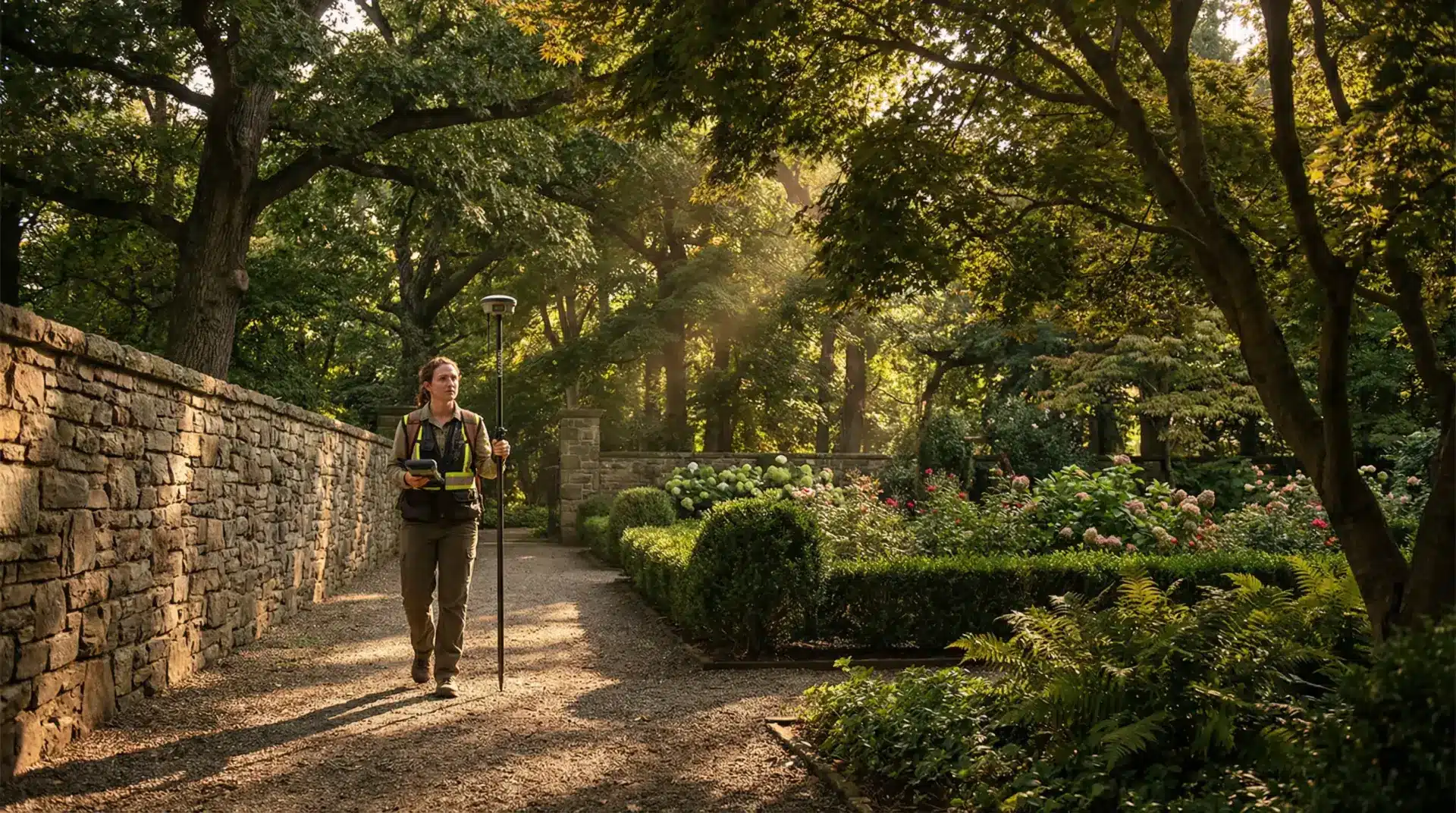 Surveyor with equipment walking through landscaped garden path under dappled sunlight