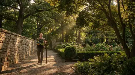Surveyor with equipment walking through landscaped garden path under dappled sunlight
