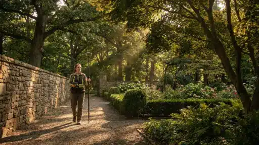 Surveyor with equipment walking through landscaped garden path under dappled sunlight