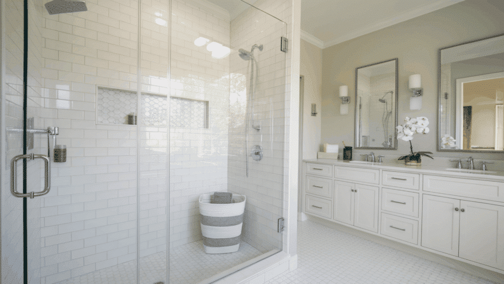 medium-sized shower with a glass door and elegant tile work in a modern bathroom.